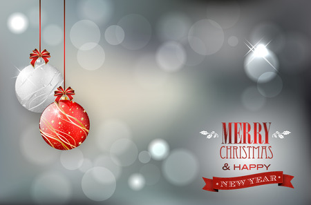 Christmas card with christmas balls on shiny background and place for your text. Vector illustration.のイラスト素材