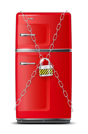 Red refrigerator wrapped in chains with lock - isolated on white. Vector illustration.のイラスト素材