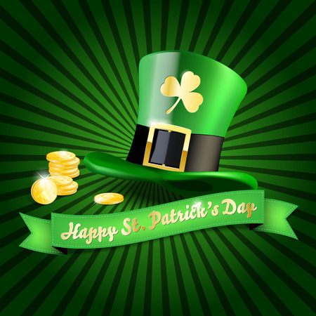 Striped background with green hat, golden coins and ribbon - St.Patrickâs Day wish. Vector illustration.のイラスト素材