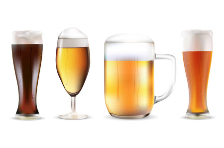 Set of four beers in dewy glasses - isolated on white background. Realistic vector illustration.のイラスト素材
