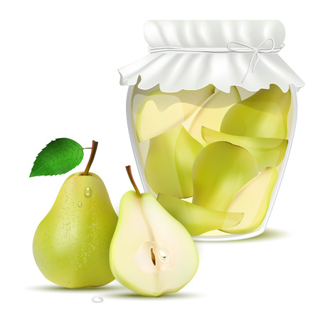 Pear compote in a jar and fresh pears - isolated on white background. Vector illustration.のイラスト素材