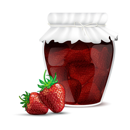 Strawberry jam in a jar and dewy fresh strawberries - isolated on white background. Vector illustration.のイラスト素材