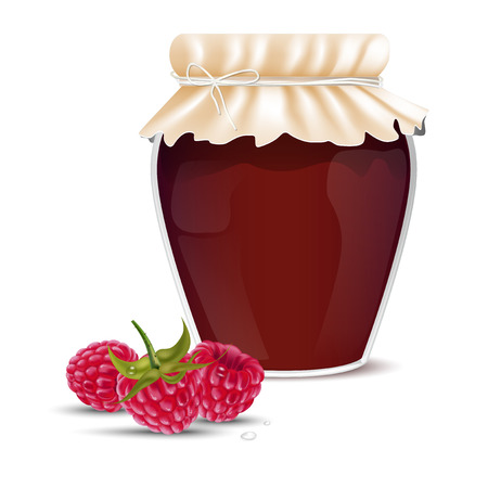 Raspberry marmalade in a jar and dewy fresh raspberries - isolated on white background. Vector illustration.のイラスト素材