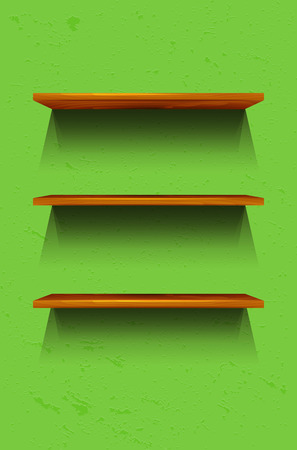 Three empty wooden shelves on the green wall - vector illustrationのイラスト素材
