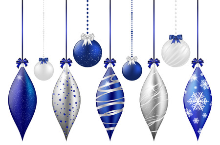 Set of shiny blue and silver christmas balls - isolated on white background. Vector illustration.のイラスト素材