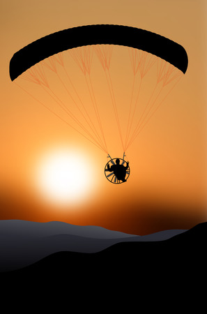 Flying paraglider silhouette at sunset - vector illustrationのイラスト素材