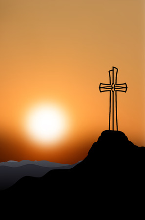 Silhouette of a cross on top of a mountain at sunset - vector illustrationのイラスト素材