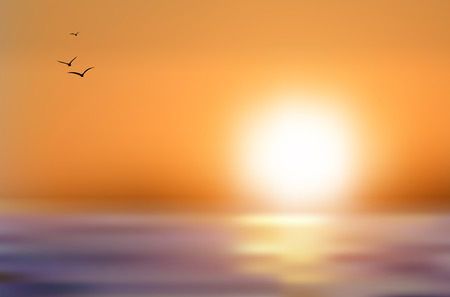 Sunset over the sea level and flying birds - vector illustrationのイラスト素材