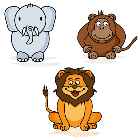 Elephant monkey and lion the style of childrens drawings. Isolated on white background vector illustrationのイラスト素材