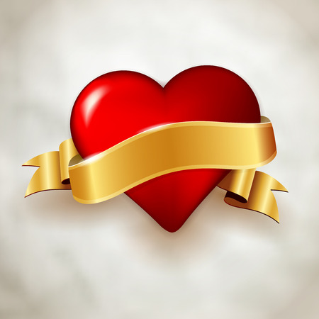 Glossy red heart and shiny golden ribbon on paper background. Vector illustration with place for your message.のイラスト素材