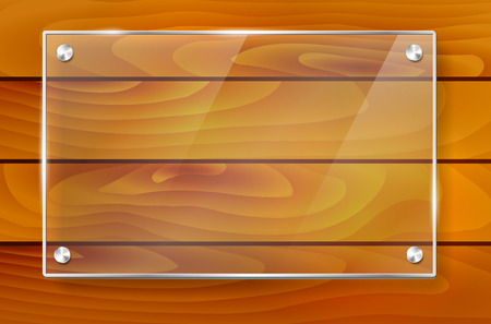 Transparent shiny glass frame with shadow on wooden background - place for your text. Vector illustration.のイラスト素材