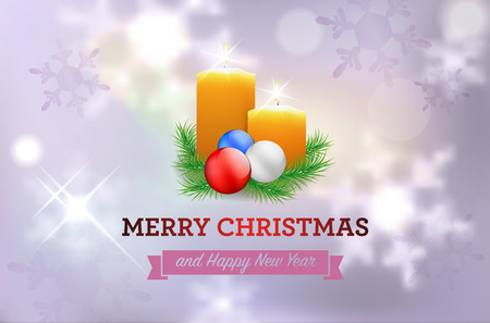 Christmas card with candles, spruce, christmas balls and blurred bokeh background - vector illustrationのイラスト素材