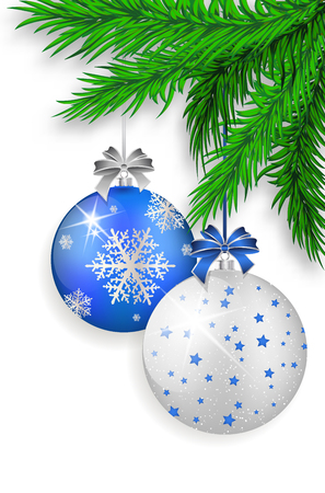 Blue and silver Christmas balls with shadows hanging on green spruce twig - isolated on white background. Vector illustration.のイラスト素材