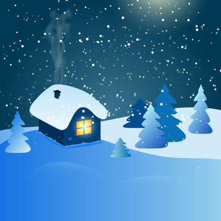 Abstract winter landscape with house, snow, forest and starry night sky - vector illustrationのイラスト素材