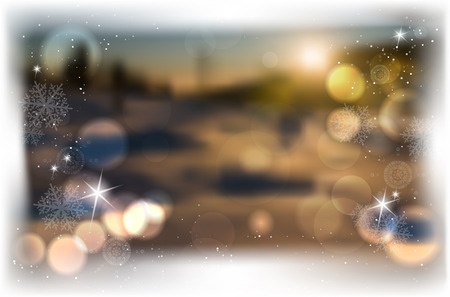 Winter blurred background with bokeh, shines and snowflakes for Merry Christmas and Happy New Year greeting card - vector illustrationのイラスト素材