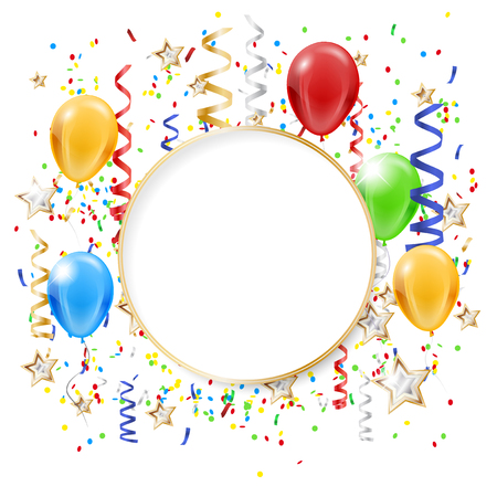 Abstract party background with flying confetti, inflatable balloons and copy space. illustration.のイラスト素材