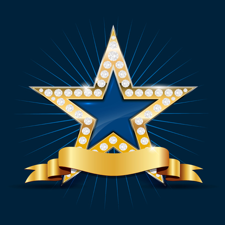 Shiny golden star with diamonds and blank ribbon for your text on blue background - illustrationのイラスト素材
