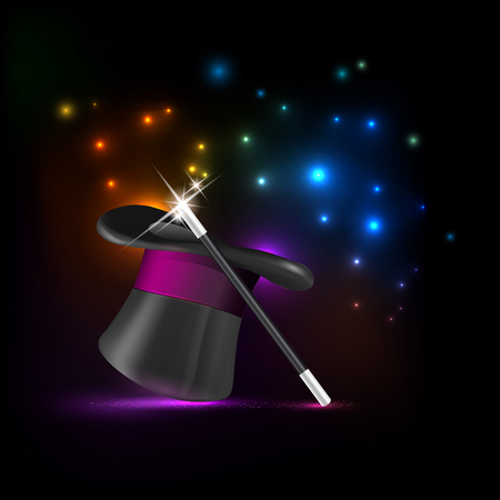 Glossy magic hat, wand and shiny lights - vector illustrationのイラスト素材