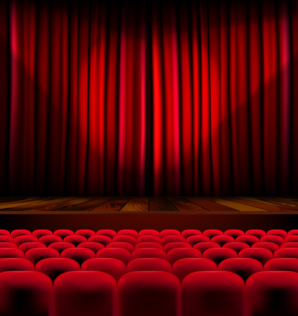 Theater auditorium with rows of red seats and stage with curtain - vector illustrationのイラスト素材