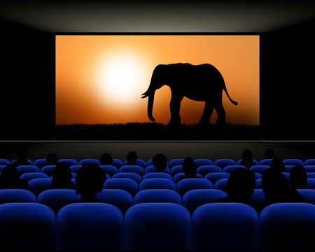 Cinema hall with rows of blue seats, spectators and screen with movie about elephants - vector illustrationのイラスト素材