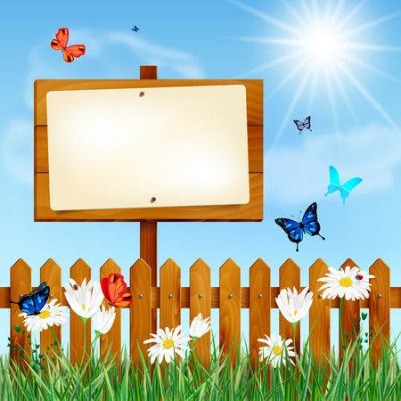Wooden fence and blank sign on summer meadow with grass, daisy flowers, butterflies and blue sky with sun and clouds - place for your message. Vector illustration.のイラスト素材