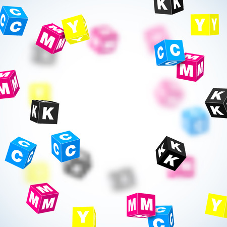 CMYK print concept with flying cubes - vector illustrationのイラスト素材