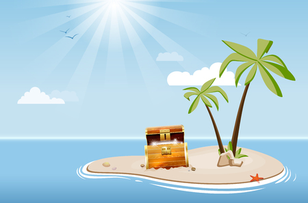 Desert island with palm trees and treasure chest under a blue sky with clouds - vector illustrationのイラスト素材
