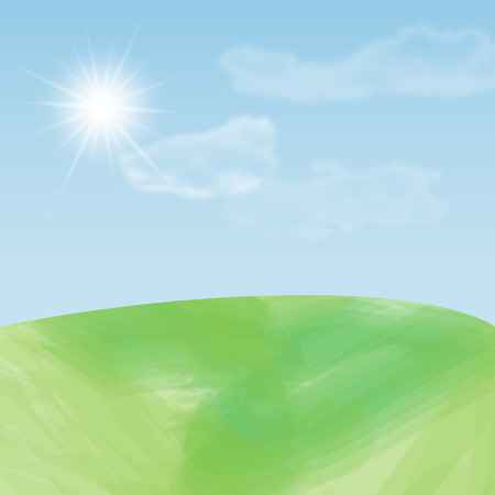 Simple abstract summer landscape with meadow, sky, sun and clouds - vector illustrationのイラスト素材