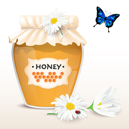 Honey in glass with flowers and butterfly - vector illustrationのイラスト素材