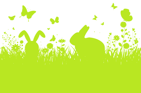 Abstract spring meadow silhouette with bunnies, flowers and butterflies - vector illustrationのイラスト素材