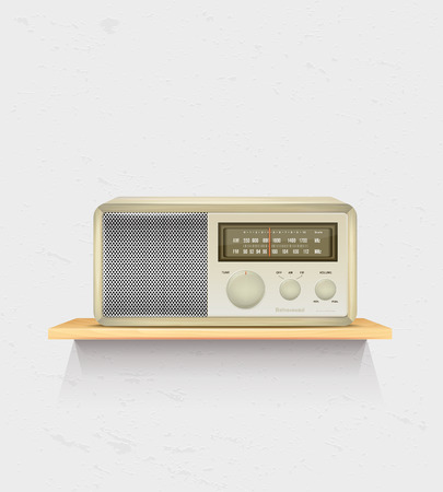 Retro radio on wooden shelf and white wall - place for your textのイラスト素材