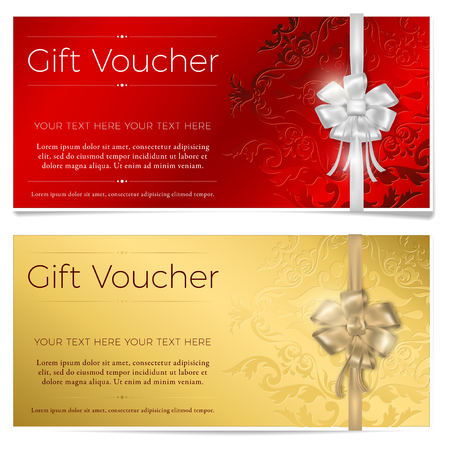 Red and gold gift voucher. Two gift vouchers with silver and gold bow. Vector illustration.のイラスト素材