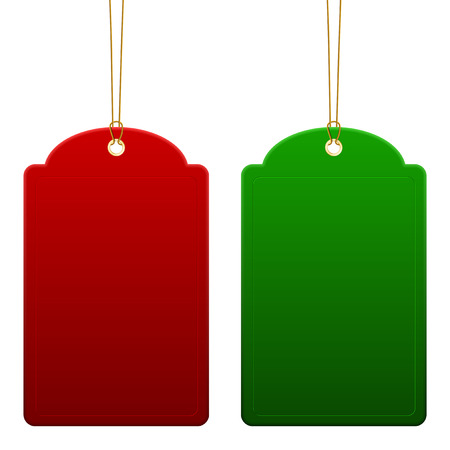 Red and green empty price tags - hanging on golden rope. Isolated on white background.のイラスト素材
