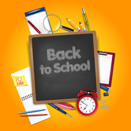 Back to school concept - school accessories and chalkboard background. Vector illustration.のイラスト素材