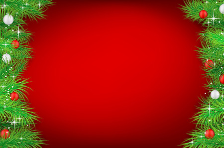 Christmas red background with spruce twigs and christmas balls - christmas card with copy space. Vector illustration.のイラスト素材
