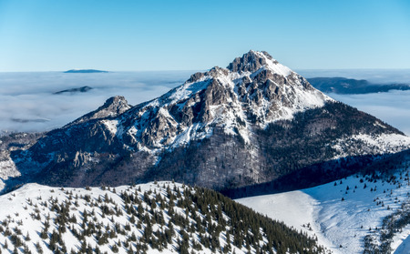 Stony Big Rozsutec hill - amazing winter mountain landscape in National Park Little Fatra hills, Slovakia, Europeの写真素材