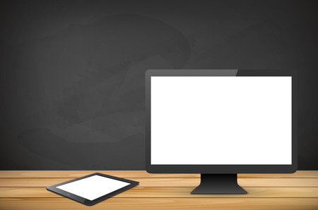 Computer and tablet with blank screen on wooden tabletop, empty chalkboard with place for your message in background. Vector illustration.のイラスト素材