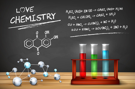 Chemistry still life - wooden tabletop with molecules model, test tubes in wooden box and chalkboard with chemical formulas. Vector illustration.のイラスト素材
