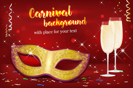 Carnival mask and two glasses of champagne on red background with shines and confetti - place for your text. Vector illustration.のイラスト素材