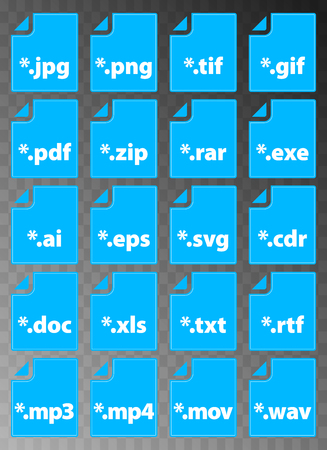 Collection of file type icons in blue rectangles on transparency background - vector illustrationのイラスト素材