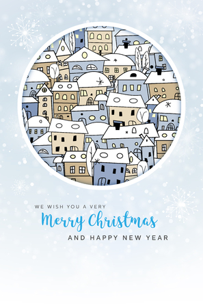 Merry Christmas and Happy New Year card with abstract snowy village and wishes - vector illustrationのイラスト素材