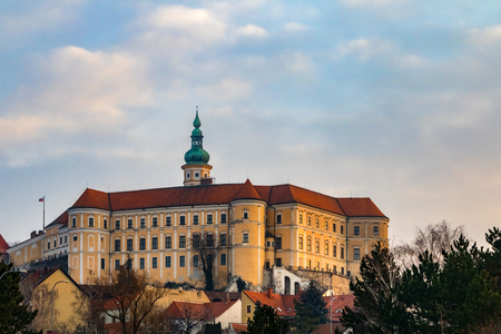 Medieval castle in historic Czech town Mikulov under blue skyのeditorial素材