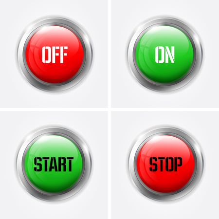 Red and green OFF and ON, START and STOP glossy buttons - vector illustrationのイラスト素材