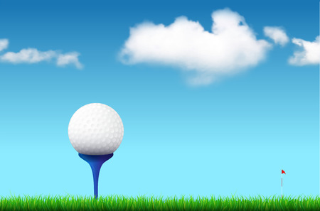 Golf ball on tee, grass, golf flag and blue sky with realistic white clouds - vector illustrationのイラスト素材