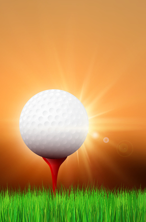 Card with grass, golf ball on red tee, shiny sunset and place for your text - vector illustrationのイラスト素材