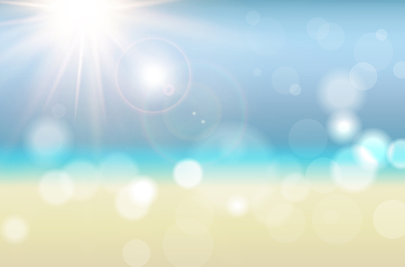 Abstract summer background with sun rays, blurred bokeh, beach, sea and sky - vector illustrationのイラスト素材
