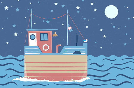 Abstract stylized drawing of ship at sea under night sky - vector illustrationのイラスト素材