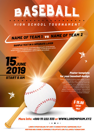 Baseball tournament poster template with ball and bat - sample text in separate layer. Vector illustration.のイラスト素材