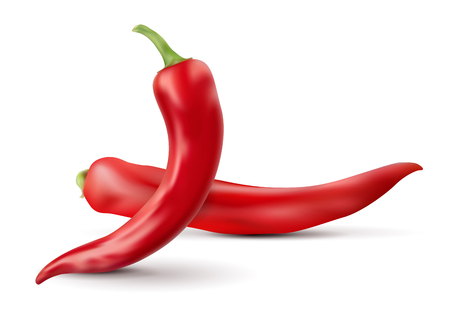 Two red chilli peppers with shadows isolated on white background - vector illustrationsのイラスト素材
