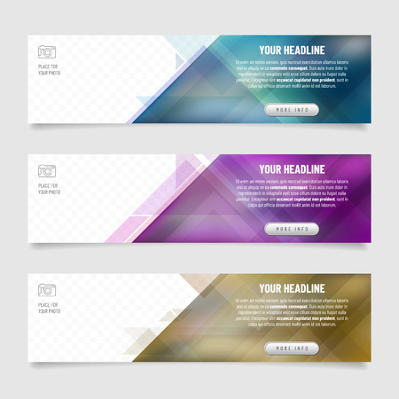 Set of three web banners with abstract triangle background - place for your photo and text. Vector illustration.のイラスト素材